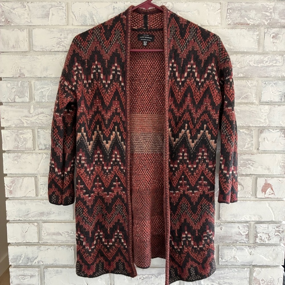 Lucky Brand Women Red Multi Chevron Wool Blend Open Cardigan XS 7W51778